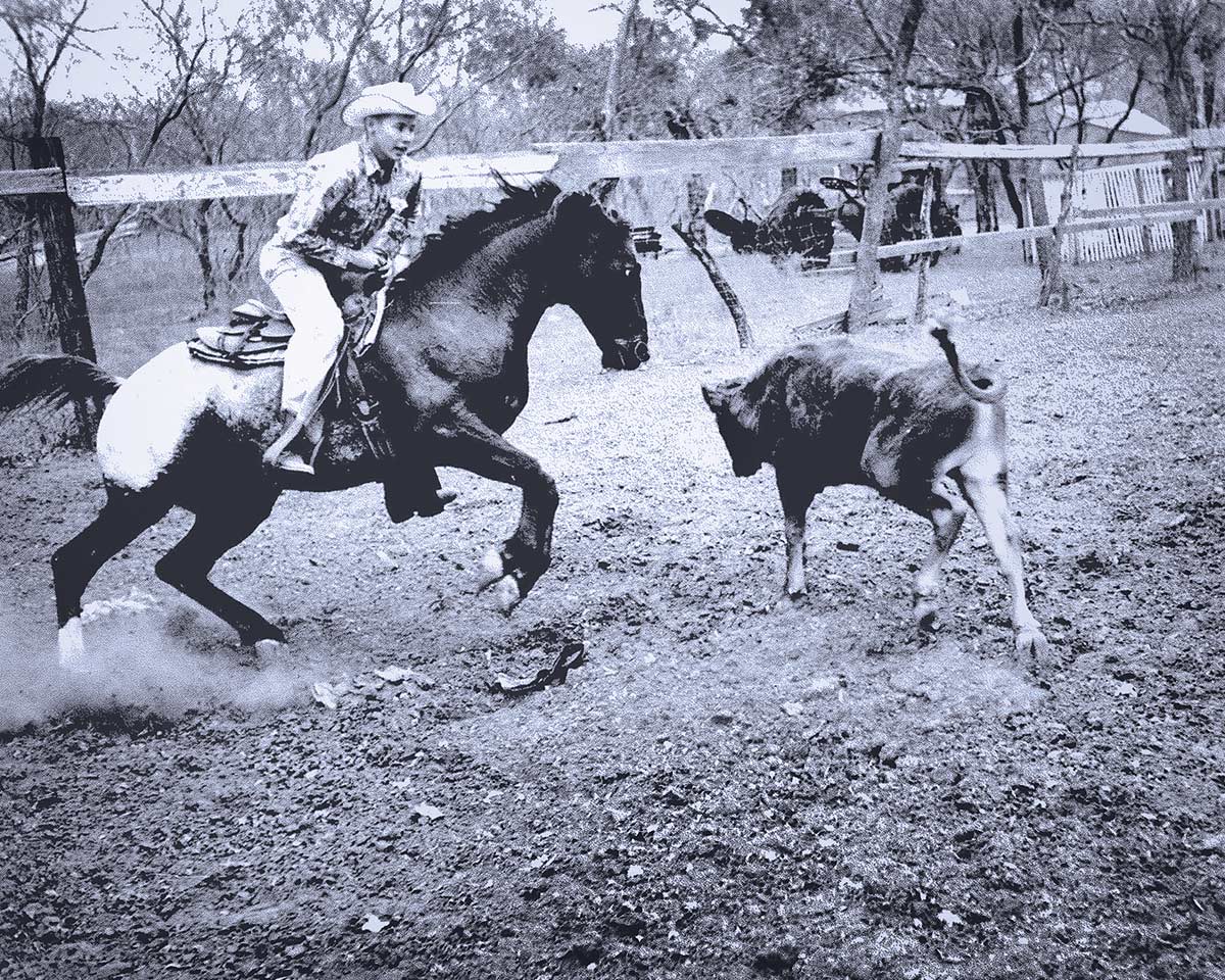 Bill & Simcoe’s Chinook win the National Cutting Horse Association’s Champion Cutting Horse Trophy, 1960; soon after, a popular Western magazine features them in a cover story using the photo above of Bill cutting bridleless